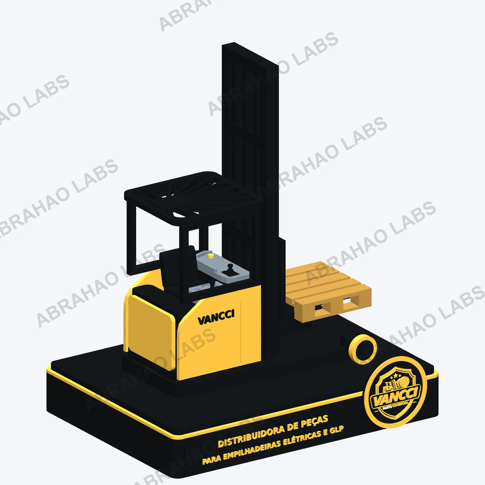 Modelo 3D de maquete de empilhadeira elétrica amarela e preta com palete, sobre base com o logo e o nome da distribuidora em relevo
