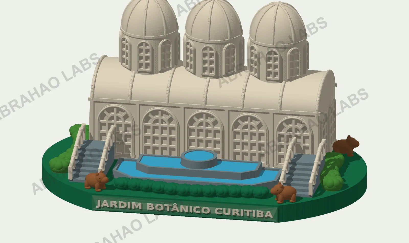 Modelo 3D da miniatura do Jardim Botânico de Curitiba com estufa, fonte, escadarias e capivaras, separado em 20 peças por cor