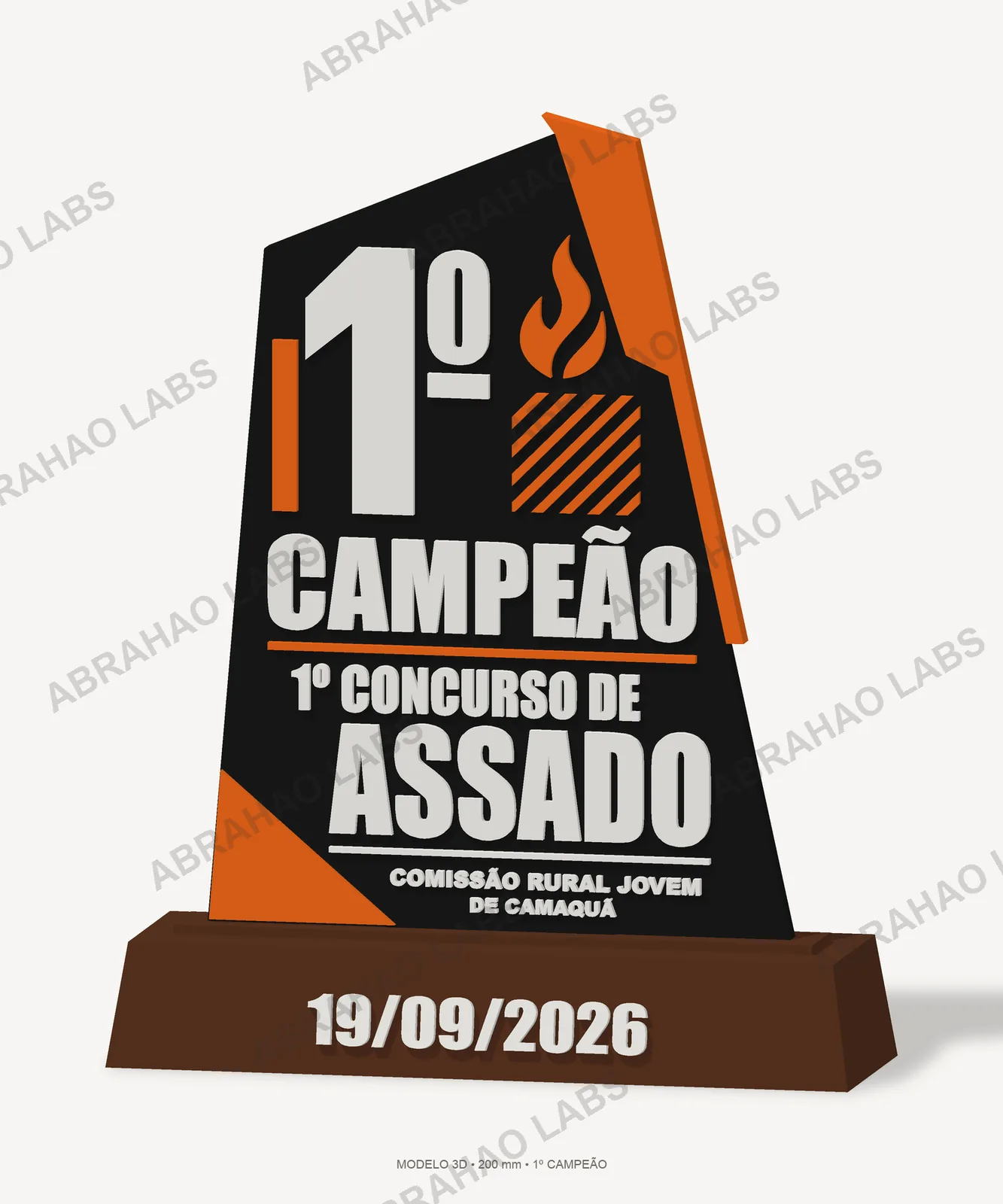 Modelo 3D de troféu de 1º lugar de concurso de assado, placa preta com chama laranja e base em tom madeira, 200 mm