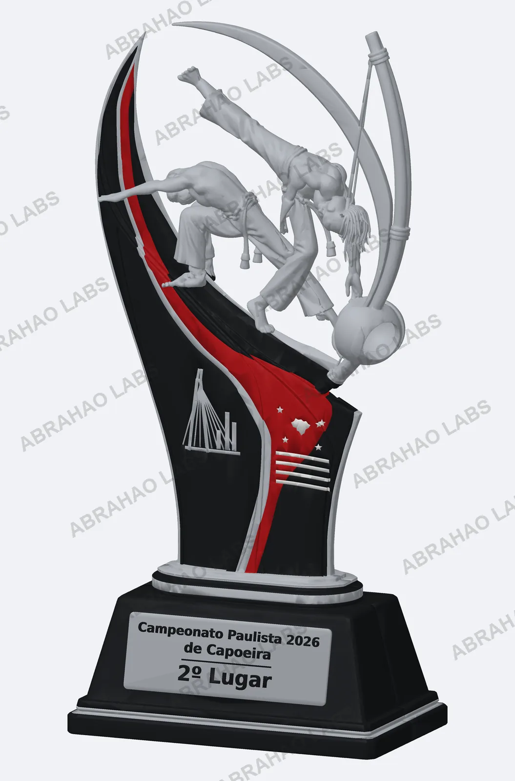 Modelo 3D de troféu de 30 cm do Campeonato Paulista de Capoeira em preto, vermelho e prata, com dois capoeiristas, berimbau, ponte e bandeira de São Paulo em relevo