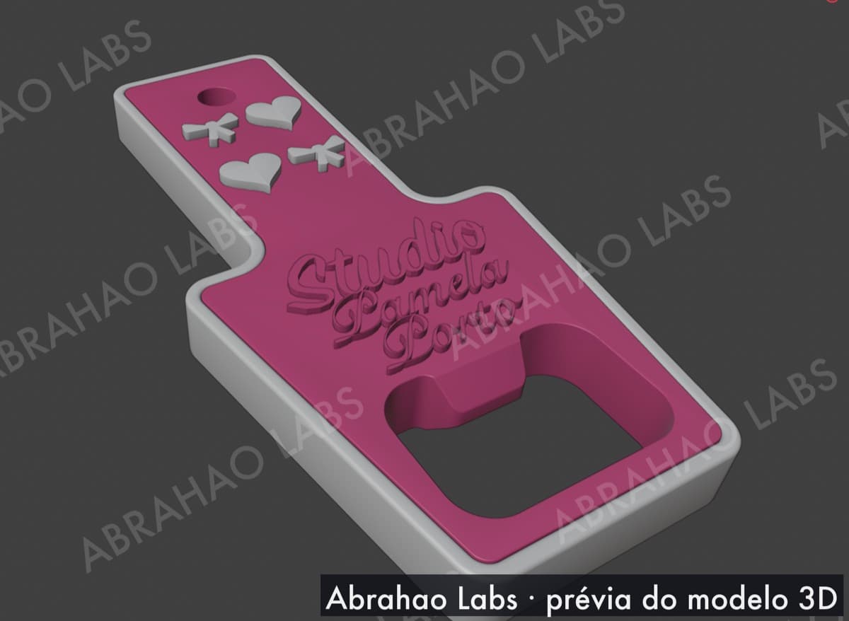 Prévia 3D de abridor de garrafa personalizado rosa com logotipo de estúdio em relevo