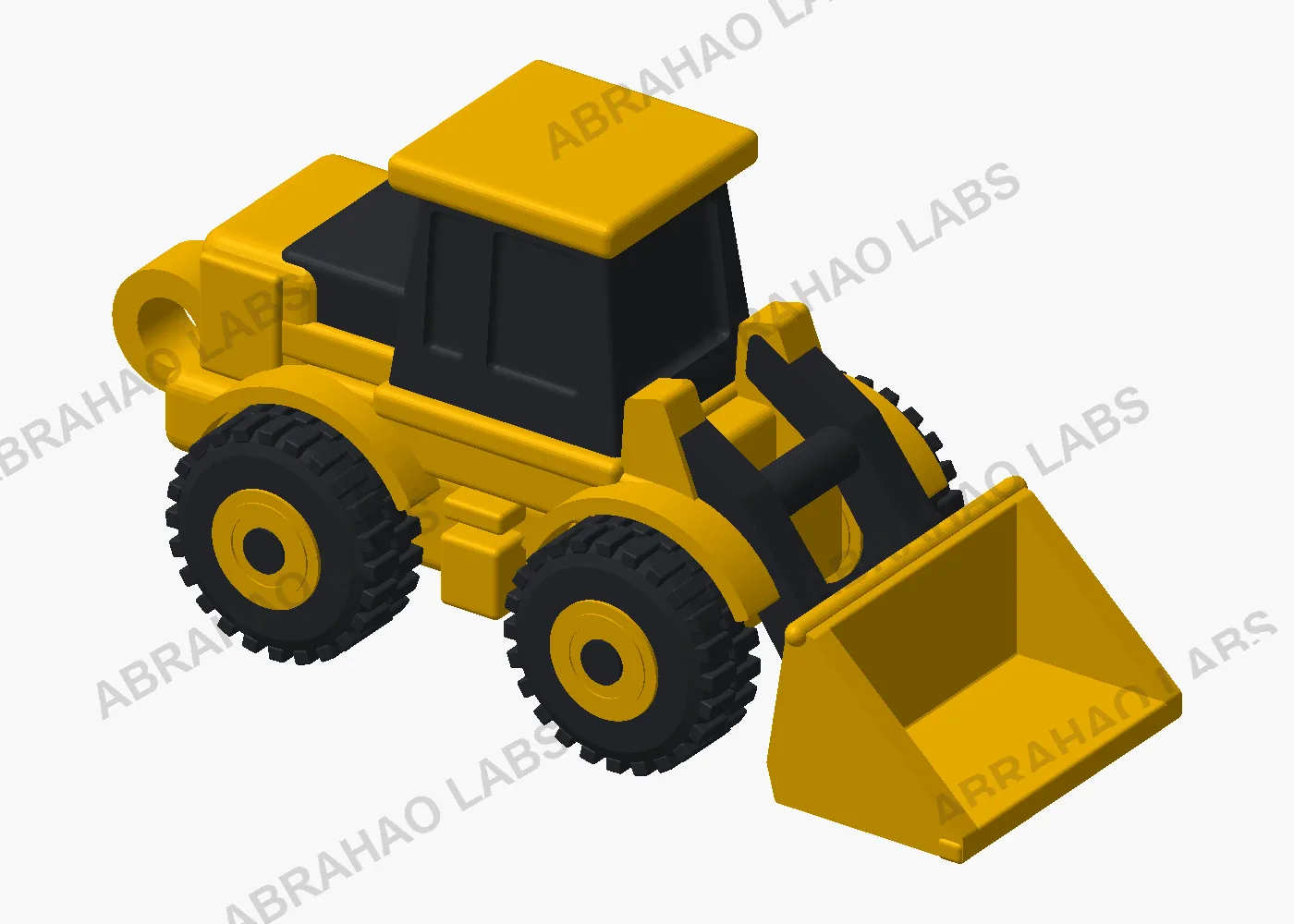 Modelo 3D de chaveiro de pá carregadora em amarelo e preto, brinde para indústria de máquinas pesadas