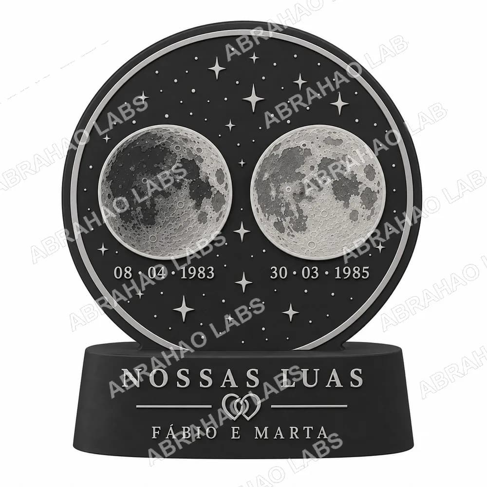 Prévia 3D de luminária personalizada com duas meias luas e nomes gravados na base