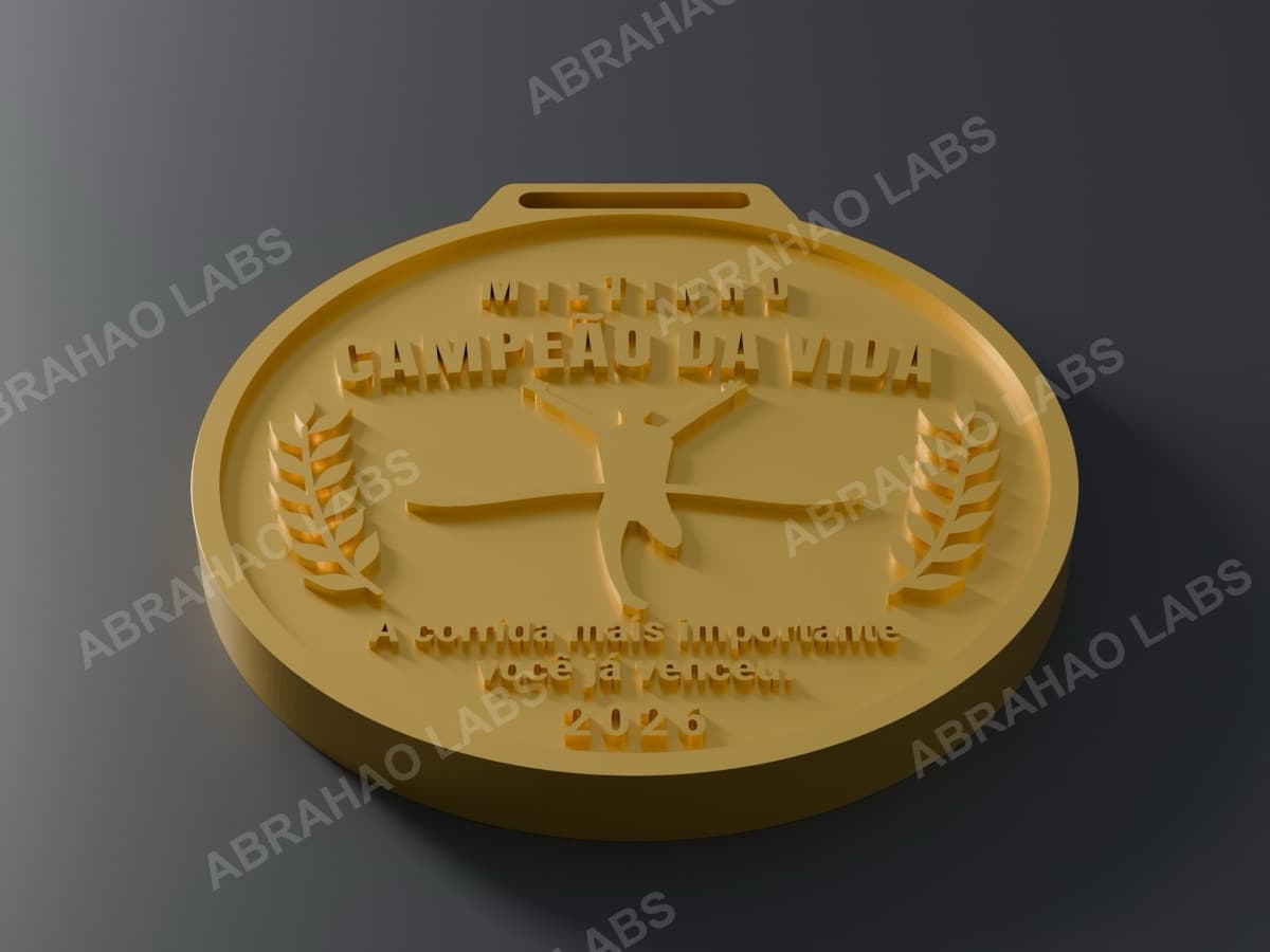 Prévia 3D de medalha personalizada dourada com texto Campeão da Vida, louros e corredor em relevo