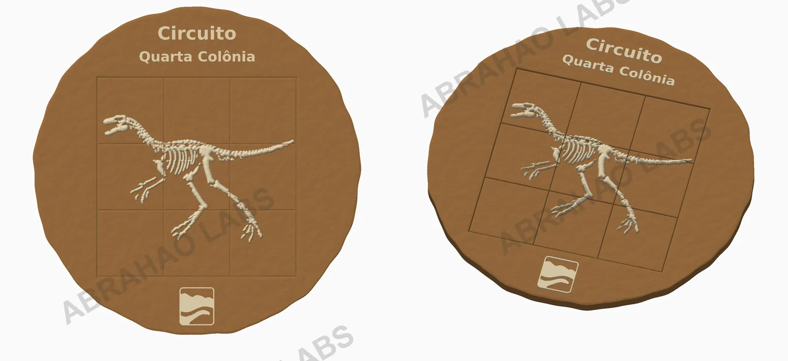 Prévia 3D de medalha de 150 mm com esqueleto de dinossauro em relevo na frente e verso em quebra-cabeça