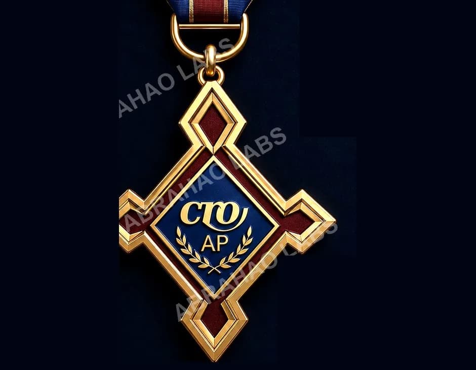 Prévia 3D de medalha de mérito com brasão em relevo e acabamento dourado