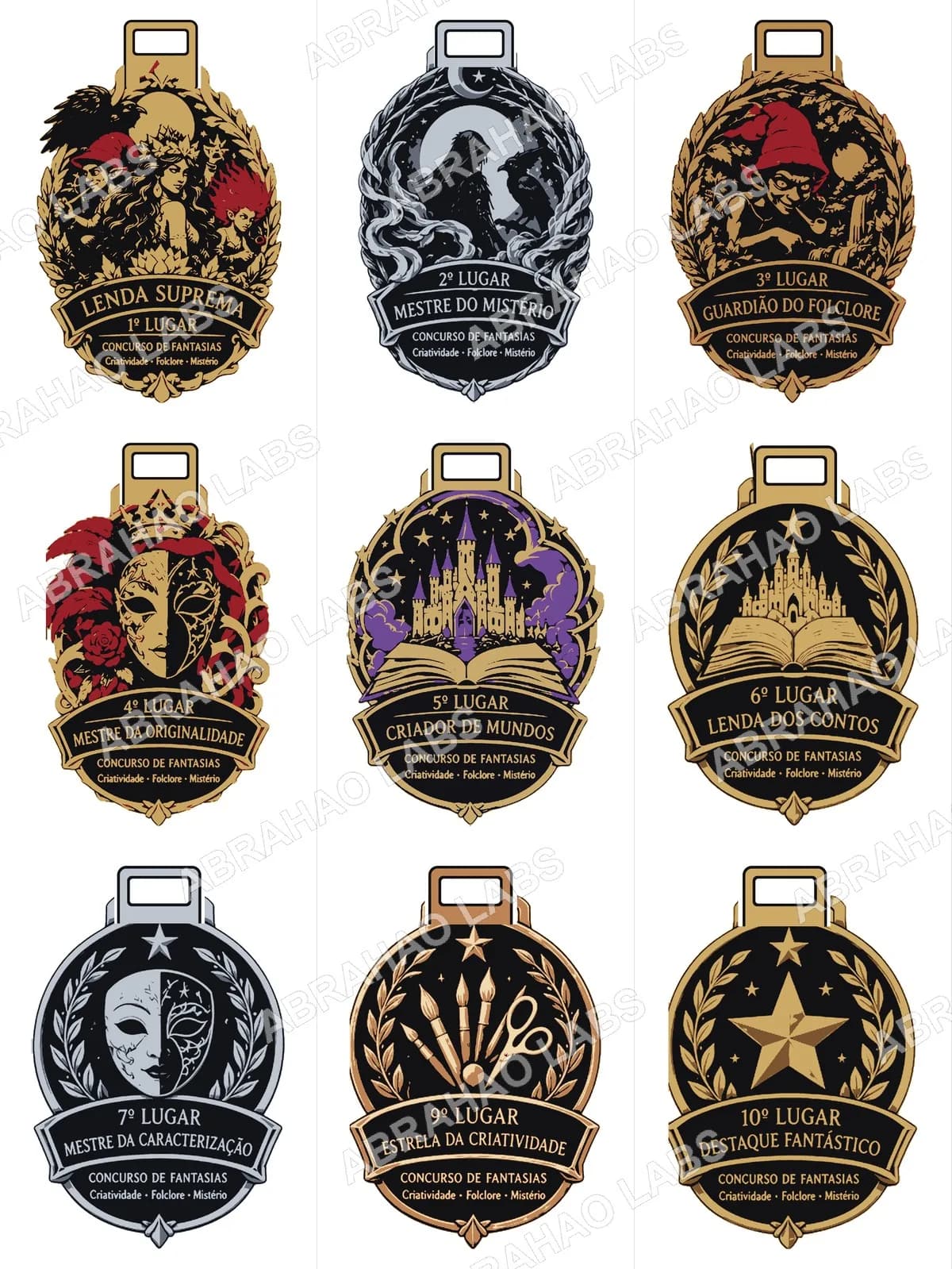 Grade com 9 artes de medalhas personalizadas de concurso de fantasias, cada uma com título e colocação diferentes