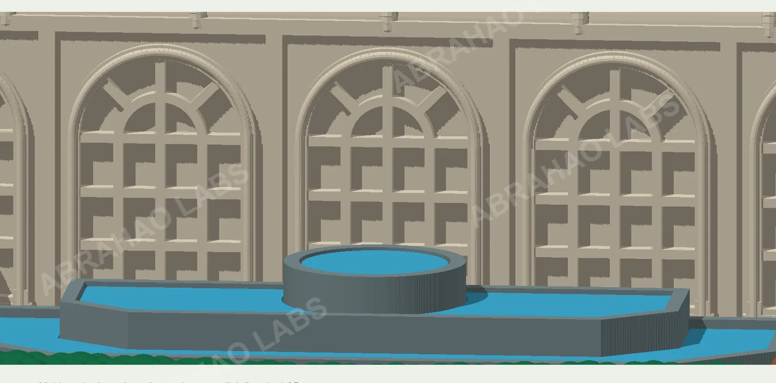 Detalhe do modelo 3D do Jardim Botânico mostrando arcos das janelas, molduras e a fonte em relevo