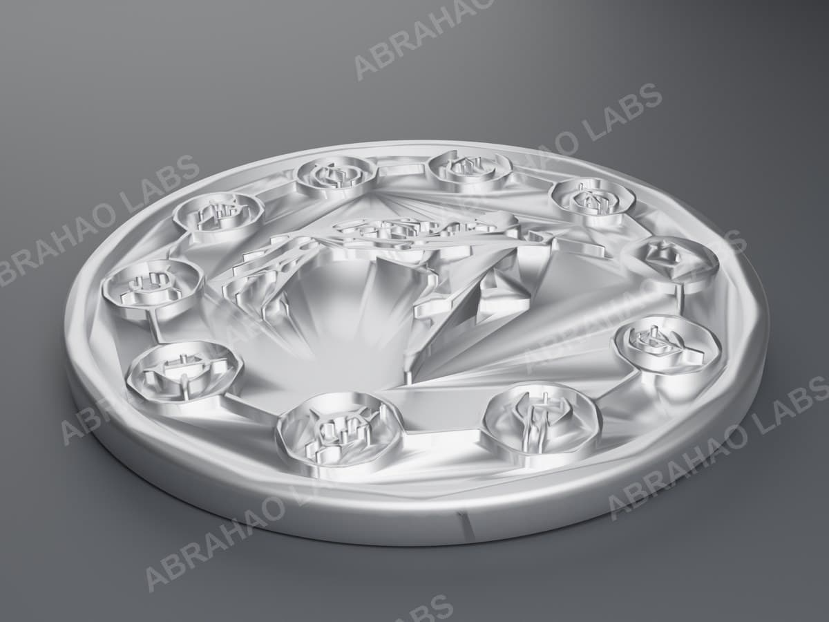 Render em prata de moeda de colecionador personalizada com anel de símbolos em relevo, marca d’água Abrahao Labs