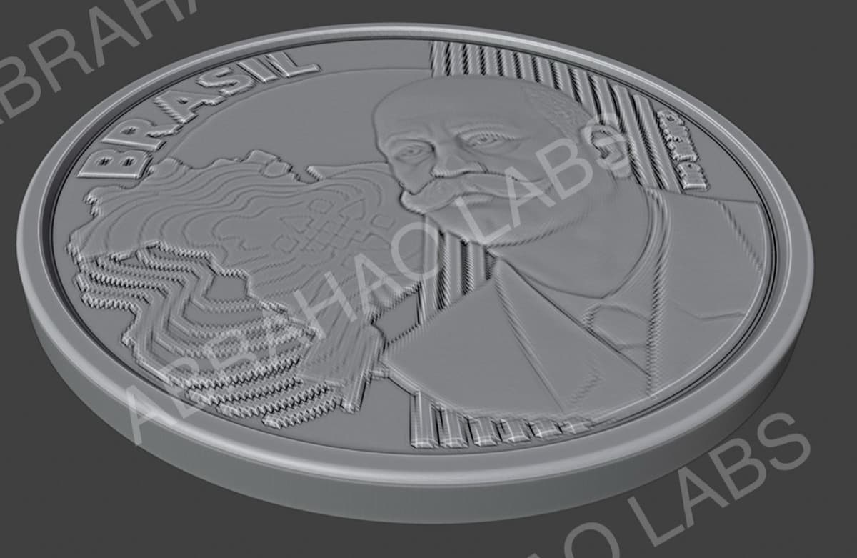 Prévia 3D de moeda réplica de 50 centavos do Brasil modelada a partir de foto, com relevo do busto