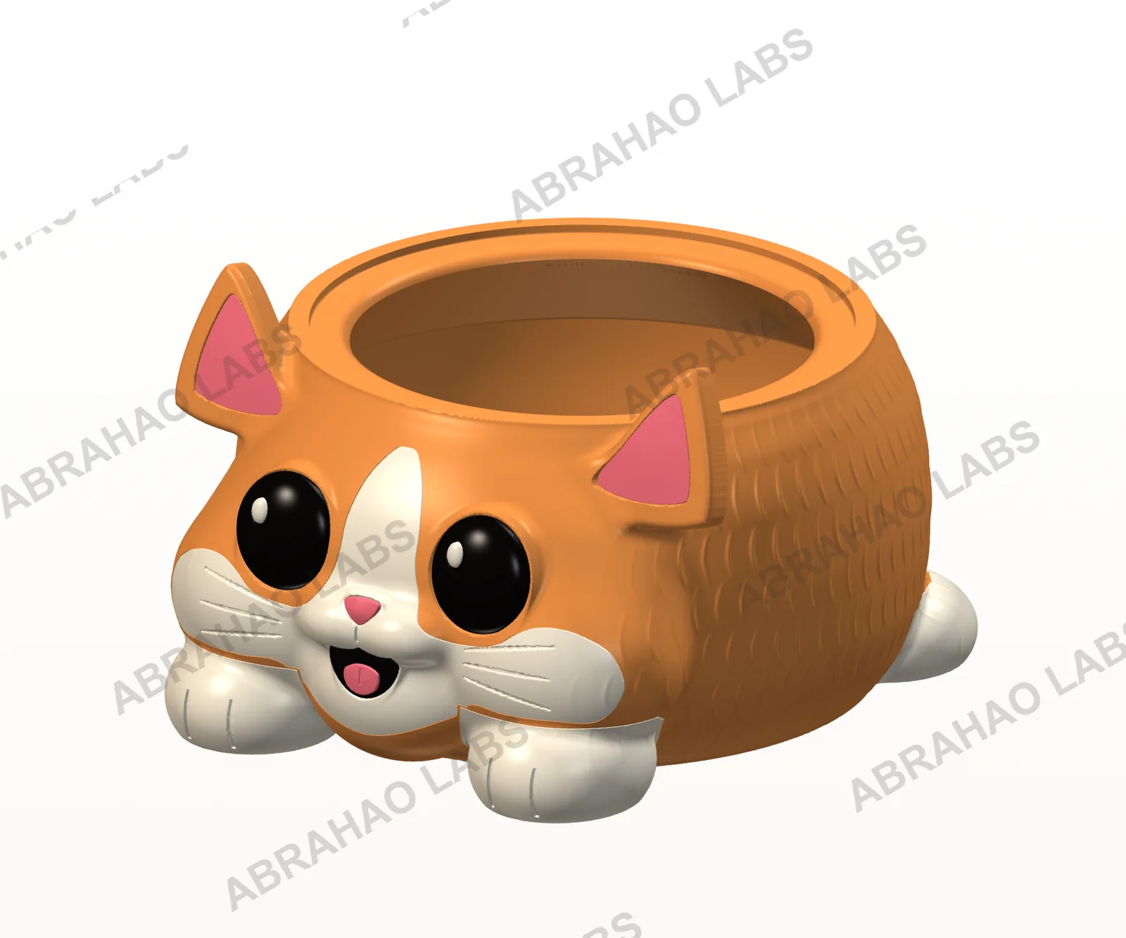 Modelo 3D de porta-tigela em formato de gatinho laranja e creme, olhos grandes e patas à frente, peças encaixadas