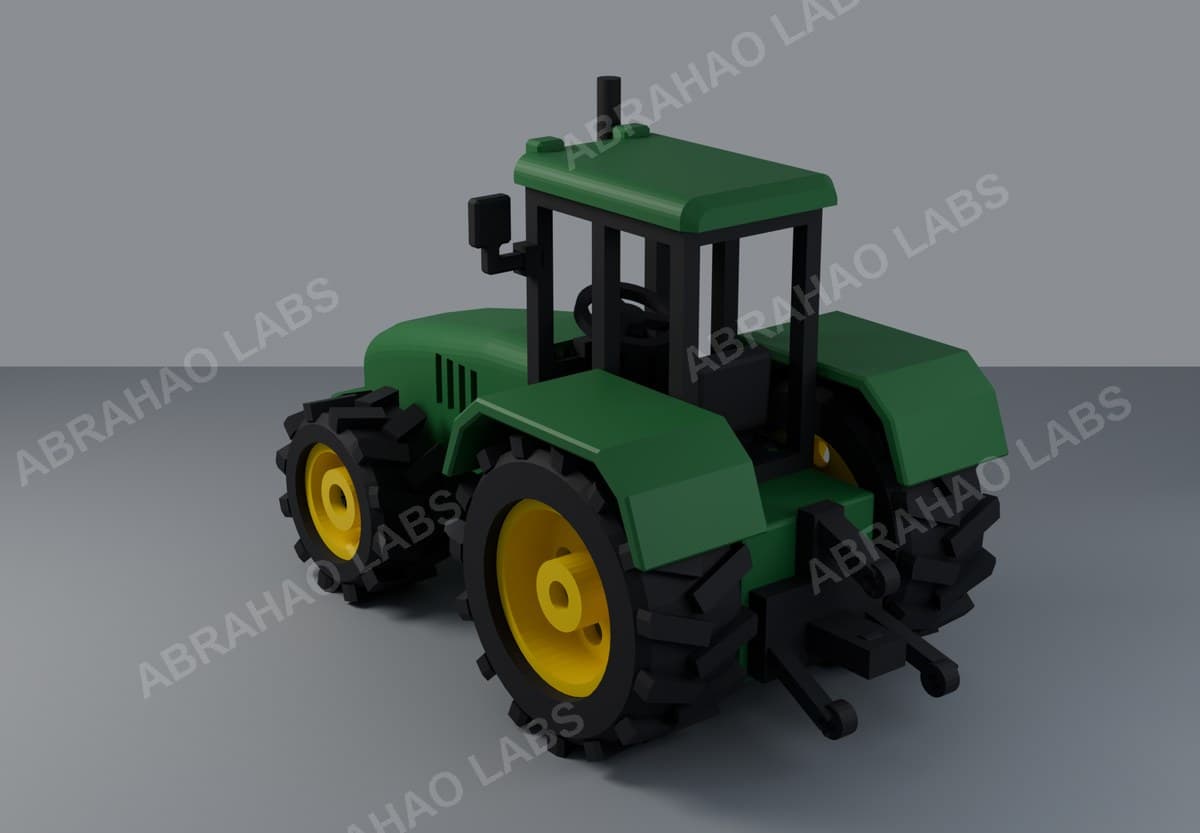 Render do trator agrícola em escala 1:16 impresso em 3D, verde com aros amarelos, com marca d’água Abrahao Labs