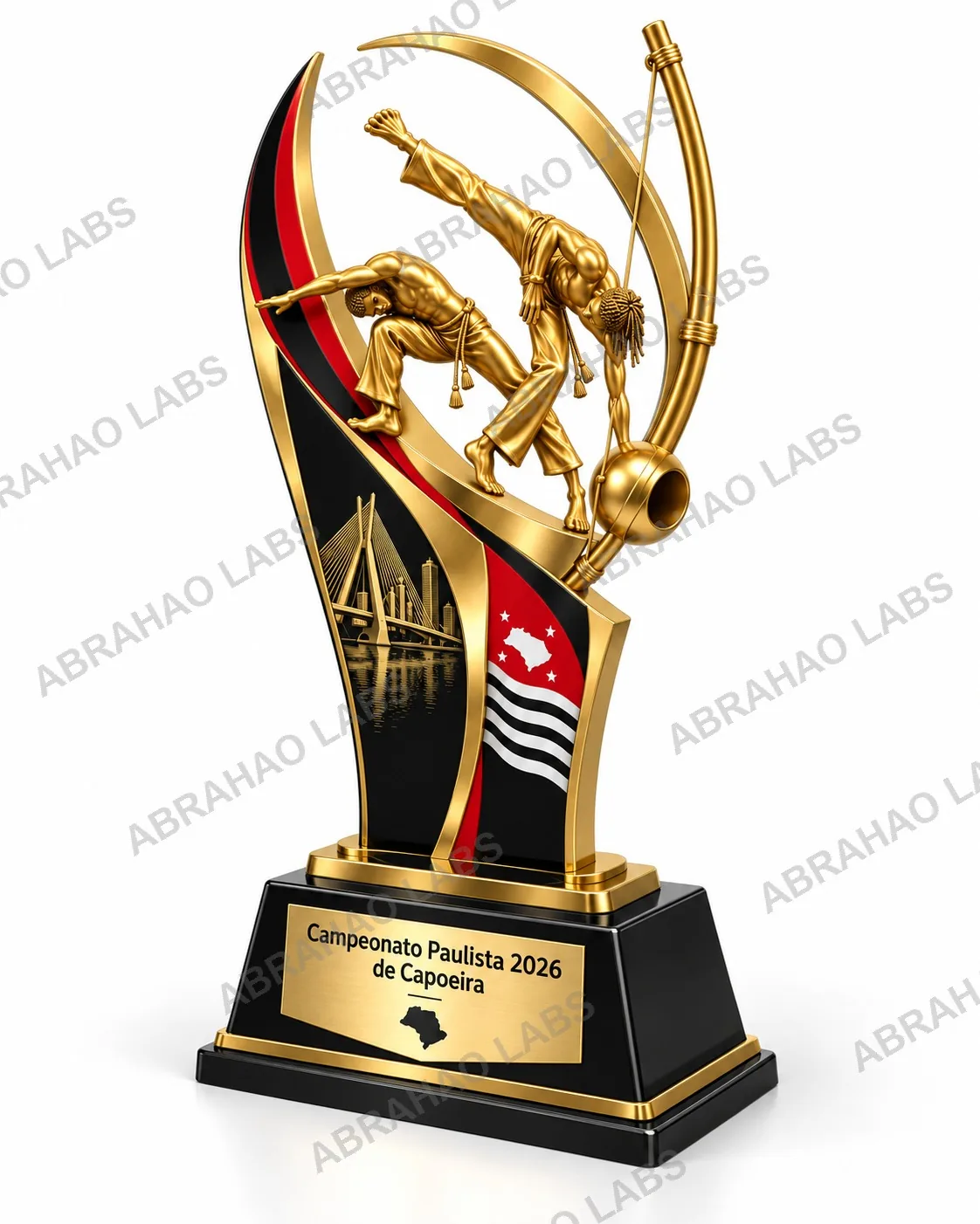 Prévia 3D de troféu dourado de campeonato de capoeira com marca d’água Abrahao Labs