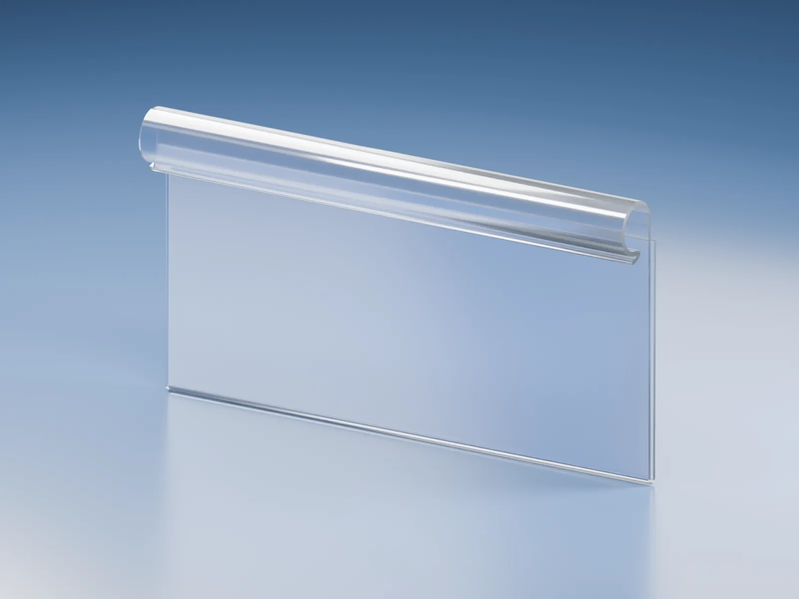 Render do perfil porta etiqueta transparente em estúdio virtual com fundo azul degradê e reflexo no piso