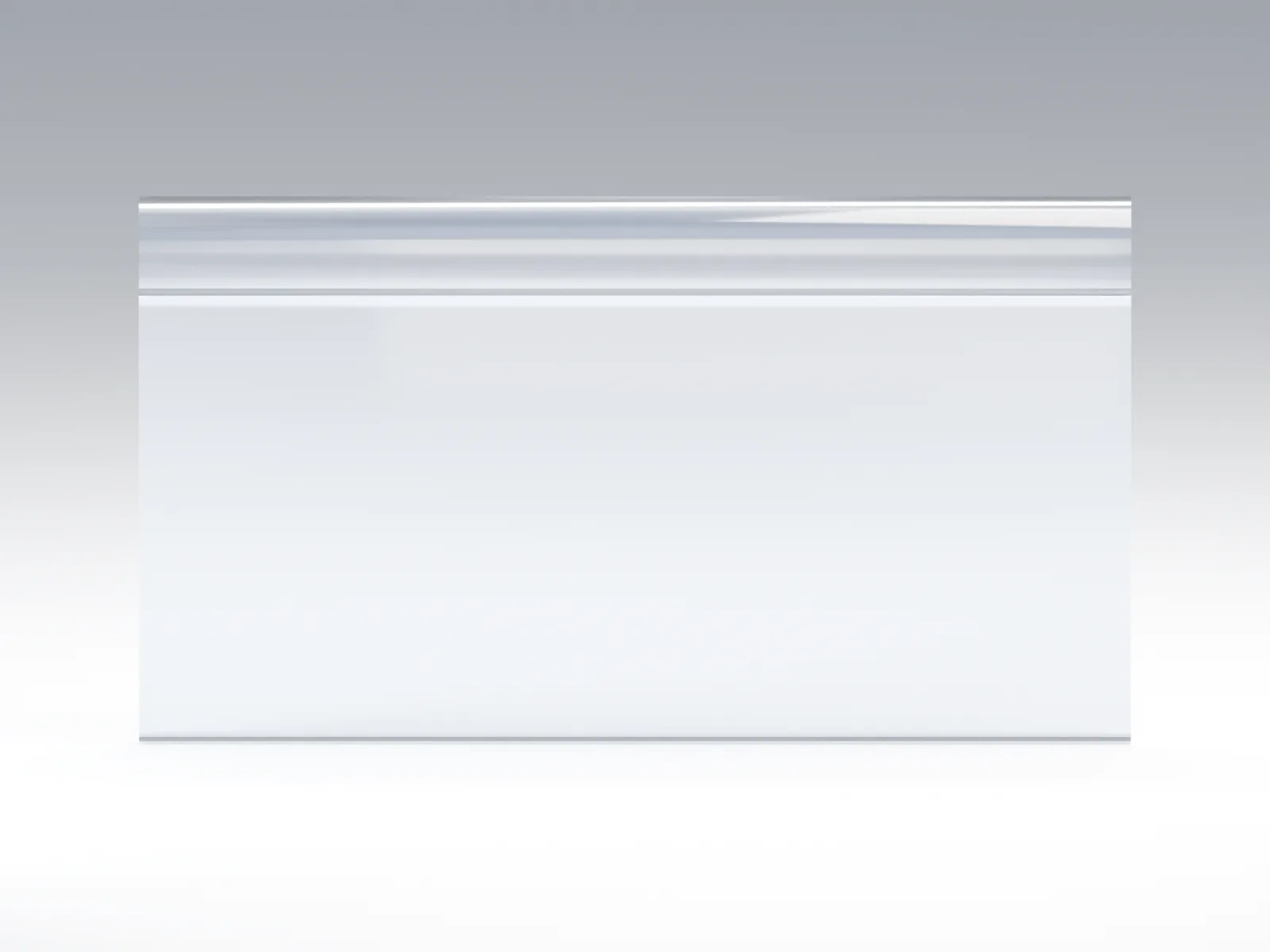 Render frontal do porta etiqueta transparente em fundo neutro, padrão de foto de catálogo técnico