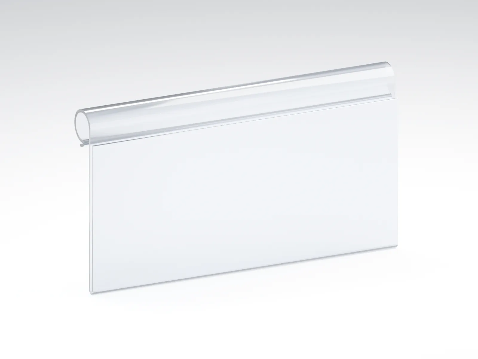 Render fotorrealista de perfil porta etiqueta de PVC cristal transparente de 100 mm, imagem de catálogo entregue a indústria de plásticos de Guarulhos